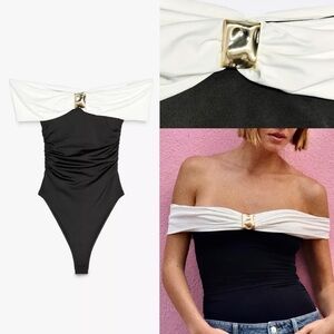 Zara NWT white & black off shoulder gold appliqué detail stretchy bodysuit